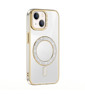 Apple iPhone 13 Uyumlu Kılıf Pırlanta Taş Tasarımlı M-safe Şarj Özellikli Zore Karetta Silikon Kapak (Gold)