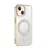 Apple iPhone 13 Uyumlu Kılıf Pırlanta Taş Tasarımlı M-safe Şarj Özellikli Zore Karetta Silikon Kapak (Gold)