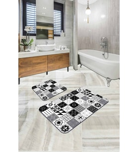 Gri Çini Desenli Banyo Halısı Klozet 2'li Paspas Seti BS205