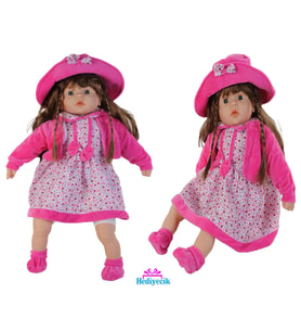 Sevimli Pembe Çiçekli Elbiseli Saçlı Gerçekçi Oyuncak Et Bebek 60 Cm