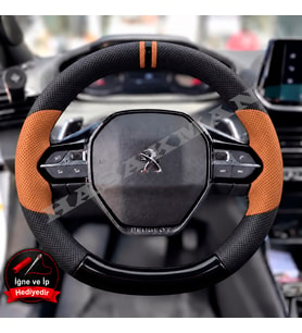 Peugeot Rifter Dikme Direksiyon Kılıfı Delikli Deri Parlak Siyah Taba Detay Çift Yüzük ve Dikiş 2021-2024