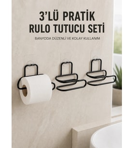 3’lü Yapışkanlı Tuvalet Kağıdı Tutucu Seti Siyah Duvar Tipi Rulo Kağıtlık
