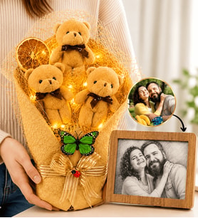 Kişiye Özel Karakalem Fotoğraflı Çerçeve ve Led Işıklı Kahve Ayıcık Buketi Hediye Seti