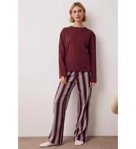 Kadın Bisiklet Yaka Uzun Kol Standart Kalıp Çizgili Örme Pijama Takımı Fonksiyonel