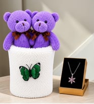 Peluş Saksıda Peluş Ayıcık Buketi ve Gerçek Pembe Ametist Taşlı Lotus Kolye Kadına Sevgiliye Hediye
