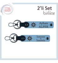 Yolculuk Simgesi Gemi Dümeniyle 2’li Hediyelik, Kişiye Özel Set, Gök Mavi-Gök Mavi