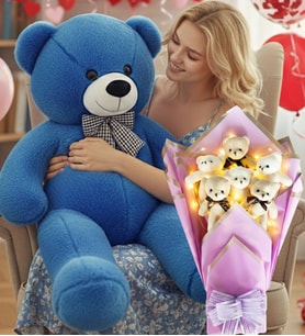 90 Cm Peluş Ayı ve LED Işıklı Romantik Lila Yumoş Peluş Ayıcık Buketi Doğüm Günü Hediyesi (Koyu Mavi)