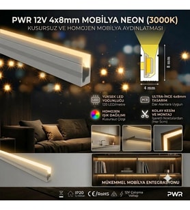 12 Volt 4x8 mm Günışığı 3000 K Mobilya Gömme Neon Led 50 Metre IP65
