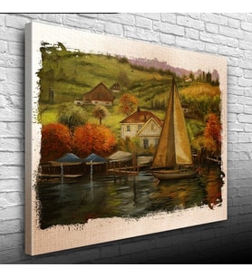 Sahildeki Yelkenli Yağlıboya Kanvas Tablo 50 x 70