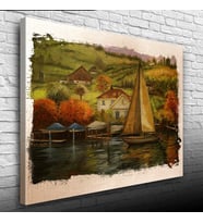 Sahildeki Yelkenli Yağlıboya Kanvas Tablo 50 x 70