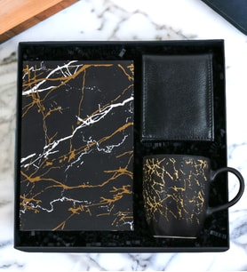 Defter Mermer Desenli Defter & Mermer Desenli Kupa Bardak Siyah Erkek Cüzdan Özel Erkek Set (Siyah-Altın)
