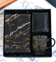 Defter Mermer Desenli Defter & Mermer Desenli Kupa Bardak Siyah Erkek Cüzdan Özel Erkek Set (Siyah-Altın)