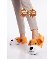 Ayakmod AkınAlbella Sıcak Tutan Köpek Desenli Camel Unisex Ev Terliğ Panduf H025.Z.0008