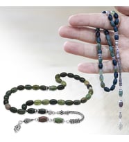 Doğaltaş Hint Akik Tesbih - 925 Ayar Gümüş Püsküllü - Çok Renkli - Arpa Kesim