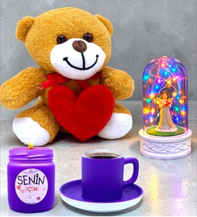 Premium Hediye Seti Mor Kahve Fincanı, Mum, Ayıcık, Renkli Işıklı Fanus (Model 5)