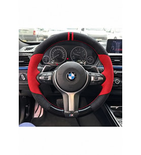 BMW F10 / F11 Dikme Direksiyon Kılıfı Parlak Siyah Kırmızı Detaylı Kırmızı Çift Yüzük ve Dikiş 2013-2017