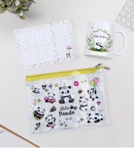 Kişiye Özel Panda Harf Baskılı Kupa & Haftalık Planner & Panda Desenli Fermuarlı Şeffaf El Çantası Hediye Seti
