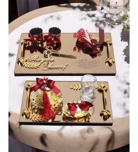 Harmony Gold Söz Nişan Tepsisi ve Damat Kahve Fincan Tepsisi (Kırmızı)