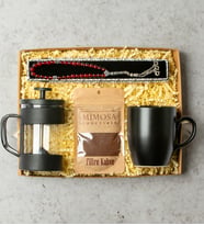 Özel Tasarım Hediye Seti-French Press- Siyah Kupa- Tespih- Mimosa Filtre Kahve