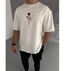 pilelistore- Unisex Bisiklet Yaka Baskılı Oversize T-Shirt - Beyaz