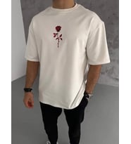 pilelistore- Unisex Bisiklet Yaka Baskılı Oversize T-Shirt - Beyaz