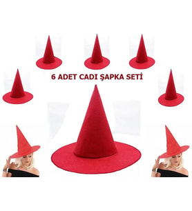 Kırmızı Renk Keçe Cadı Şapkası Yetişkin Çocuk Uyumlu 6 Adet