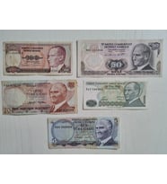 5 Adet Eski Dönem Yerli Banknot Para. 5 10 20 50 ve 100 Türk Lirası