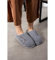 Ayıcık Desenli Nakışlı  Kışlık Unisex Ev Terliği  Kaydırmaz Taban (Gri)