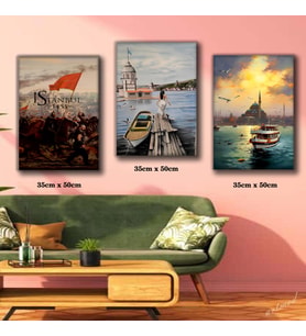 istanbul fethi kız kulesi boğaz cami tablosu 3 adet 35cmx50cm kumaş baskılı canvas tablo