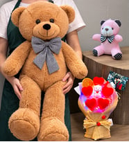 Kahve Büyük Peluş Ayıcık, Kişiye Özel Fotoğraflı Led Işıklı Buket ve Anahtarlık Seti (Model 2)