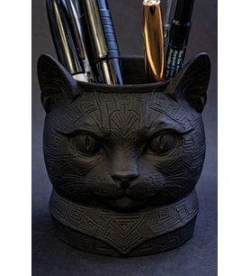 Plastik Kedi Figürlü Kalemlik, Geometrik Desenli (Siyah)