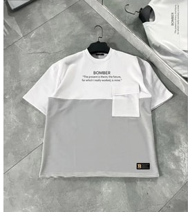 Unisex Torba Cep Detaylı Parçalı T-Shirt - Gri