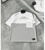 Unisex Torba Cep Detaylı Parçalı T-Shirt - Gri