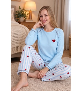MIRANO 3105 Waffle Soft Kumaş Kalpli Desenli Kışlık Ev Kadın Pijama Takım