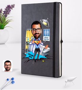 BK Gift Kişiye Özel Erkek Doktor Karikatürlü Siyah Termo Deri Defter 16x24cm Model 1