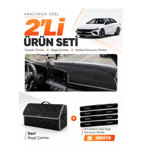 HYUNDAİ ELANTRA (2020-2026) Uyumlu Torpido Örtüsü + Deri Bagaj Çantası + Sticker Seti - Siyah Gri