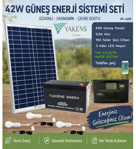 42W Güneş Enerji Sistemi Seti – 12Ah Akü + 10A Şarj Kontrol Cihazı + 3 LED Ampul Telefon Şarjlı Taşınabilir Solar Aydınlatma Paketi