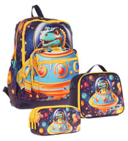 Kaukko Kids Dört Bölmeli Okul Çantası + Beslenme +Kalemlik Seti (Astronot Dinazor - Erkek Çocuk - Mavi Sarı)
