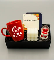 Kişiye Özel Kırmızı Kupa & Bubble Mum & Kalp Detaylı Kar Küresi
