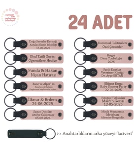 Üniversite Mezuniyet Etkinliğine, 24'lü Set, İsim Yazılan Hediye Deri Anahtarlık, Pudra & Lacivert