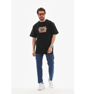 Unisex Bisiklet Yaka Baskılı Oversize T-Shirt - Siyah