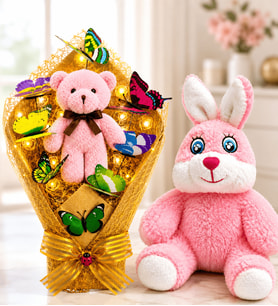 Peluş Tavşan ve LED Işıklı Pembe Peluş Ayıcıklı Renkli Kelebek Buketi Sevgiliye Doğum Günü Hediyesi