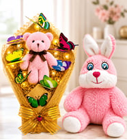 Peluş Tavşan ve LED Işıklı Pembe Peluş Ayıcıklı Renkli Kelebek Buketi Sevgiliye Doğum Günü Hediyesi