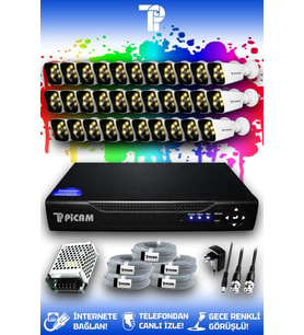 PICAM 32 Kameralı Kare 32 Dış Kamera Set HDD'siz Full HD Renkli Gece Görüşlü Güvenlik Kamerası Sistemi