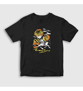 Presmono Unisex Çocuk Siyah Zenitsu V2 Anime Demon Slayer Kimetsu No Yaiba T-Shirt 309241tt