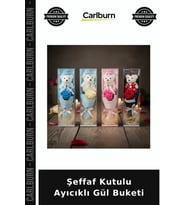 Özel Üretim Romantik Hediyelik Dekoratif Sevgililer Günü Şeffaf Kutulu Ayıcıklı Gül Buketi