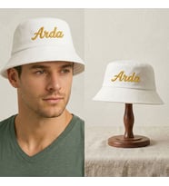 BK Gift Kişiye Özel İsim Nakışlı Unisex Bucket Şapka Beyaz Pamuk Gabardin Kumaş Yazlık Şapka