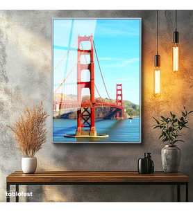 Gümüş Renk Metal Çerçeveli Tamperli Cam Tablo San Francisco Kırmızı Köprü Kulesi Şehir Mimari Tablo Duvar Dekoru