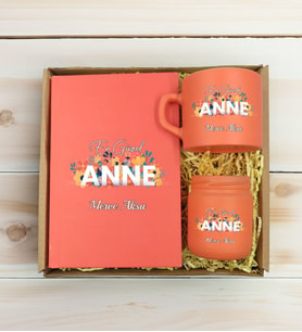 BK Gift Kişiye Özel İsimli DTF Anne Temalı Somon Defter & Kahve Fincanı & Mum Hediye Seti-2, Anneye Hediye, Anneler Günü Hediyesi