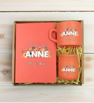 BK Gift Kişiye Özel İsimli DTF Anne Temalı Somon Defter & Kahve Fincanı & Mum Hediye Seti-2, Anneye Hediye, Anneler Günü Hediyesi
